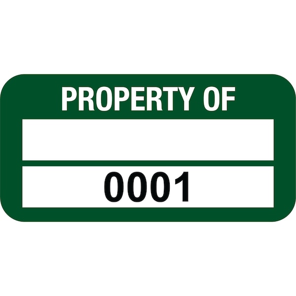 Lustre-Cal PROPERTY OF Label, Polyester Green 1.50in x 0.75in 1 Blank Pad & Serialized 0001-0100, 100PK 253772Pe2G0001 - main
